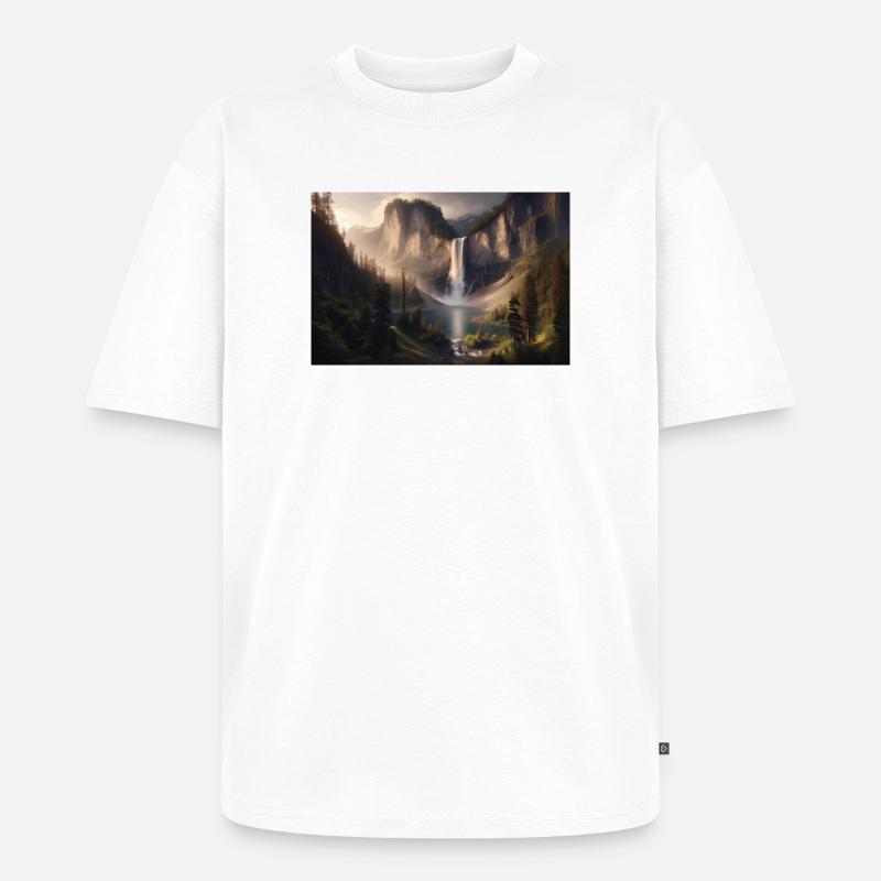 Poster Ölgemälde Berglandschaft mit Wasserfall - Unisex Premium Oversized Bio T-Shirt - Weiß