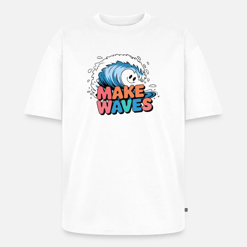 Lebendige Surfwelle mit Make Waves-Text - Unisex Premium Oversized Bio T-Shirt - Weiß