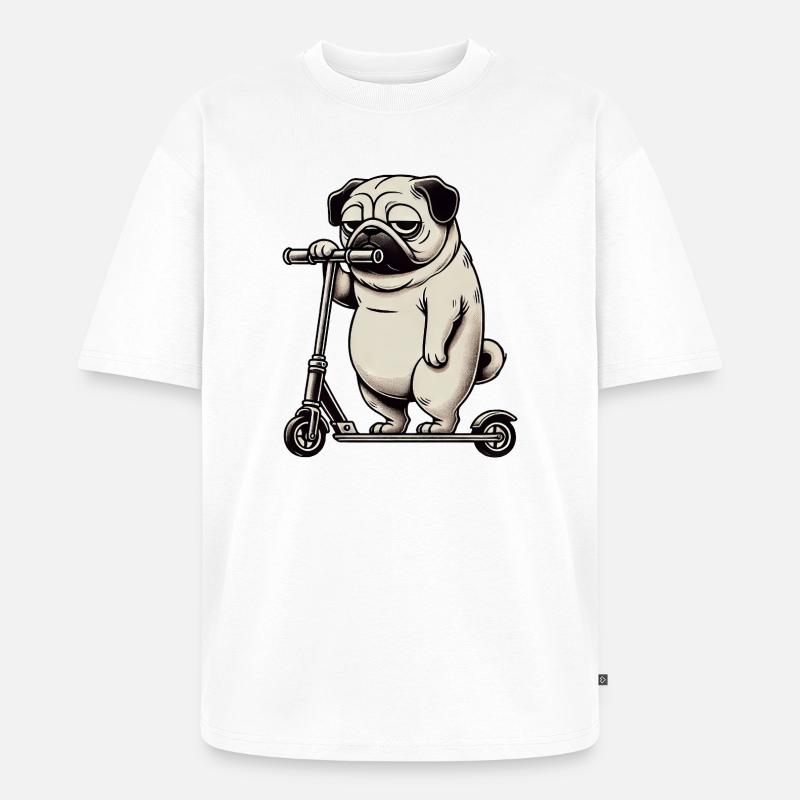 Lustiger Mops Roller Scooter Kickroller Grumpy - Unisex Premium Oversized Bio T-Shirt - Weiß