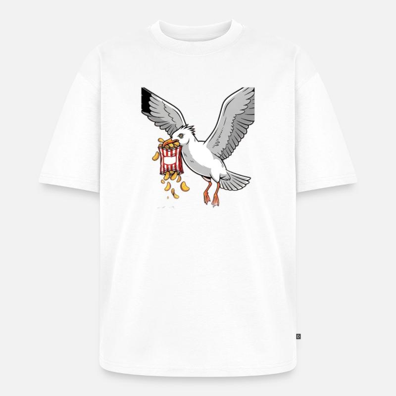 Möwe mit Chips Snack Design - Unisex Premium Oversized Bio T-Shirt - Weiß