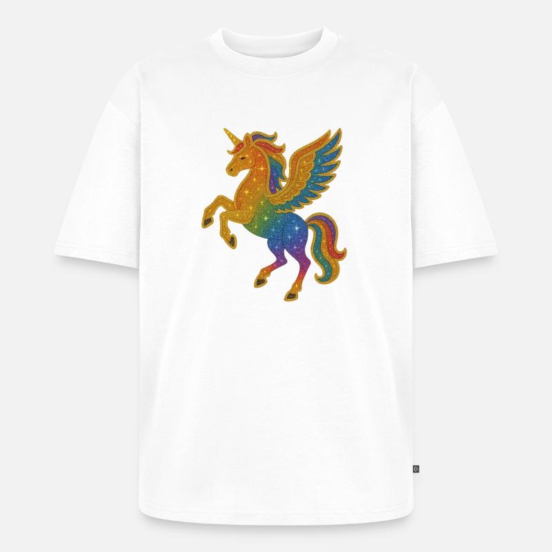 Glitzernde Regenbogen-Pegasus-Illustration - Unisex Premium Oversized Bio T-Shirt - Weiß