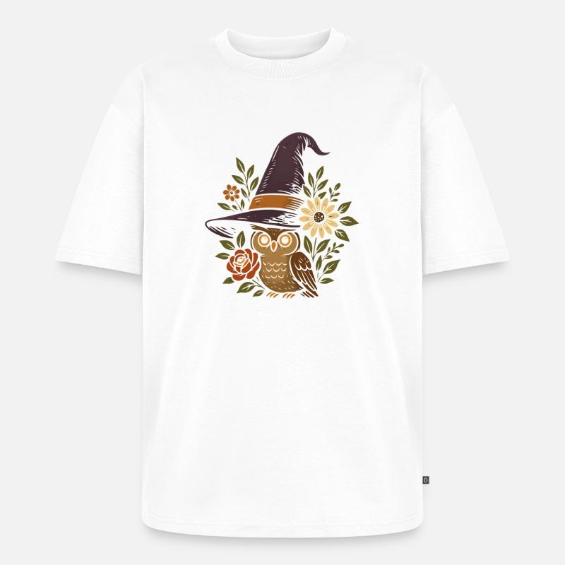 Eule im Zauberhut mit Blumen - Unisex Premium Oversized Bio T-Shirt - Weiß