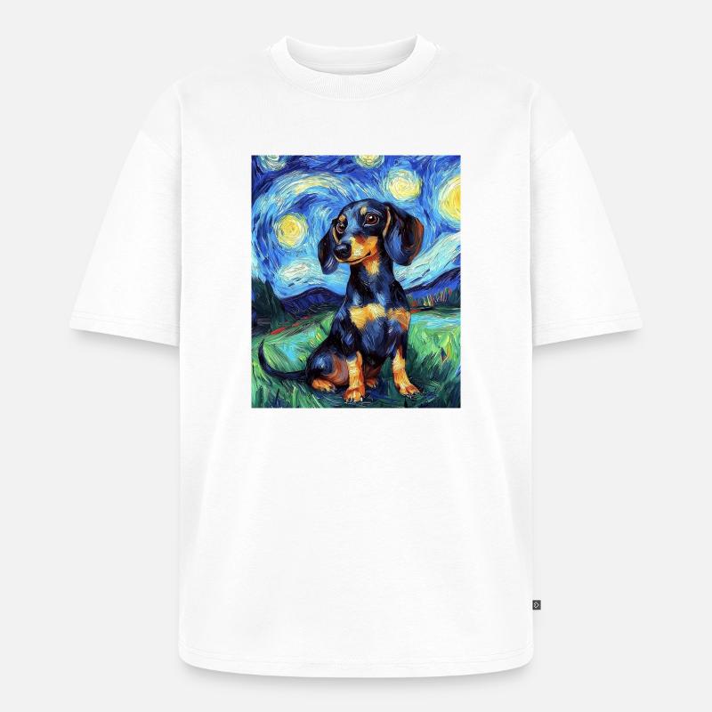 Dackel Hund Van Gogh Style Starry - Unisex Premium Oversized Bio T-Shirt - Weiß