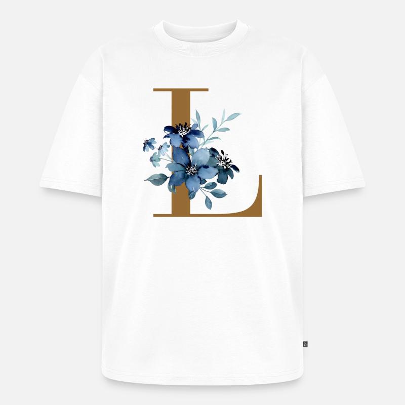 Blaues Blumen Monogramm Design Buchstabe L - Unisex Premium Oversized Bio T-Shirt - Weiß
