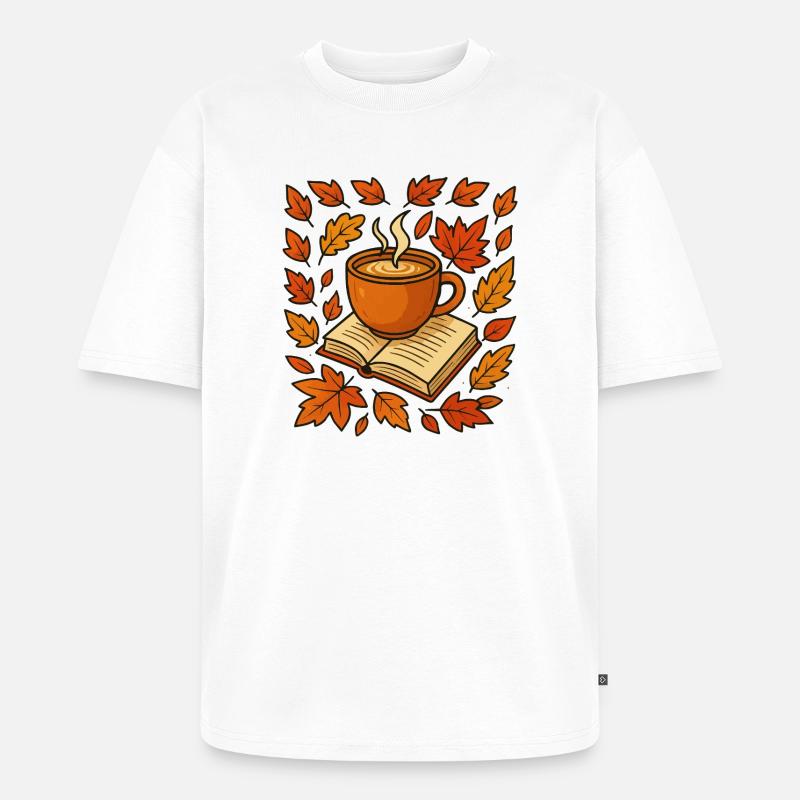 Herbstlese: Kaffee & Buch - Unisex Premium Oversized Bio T-Shirt - Weiß