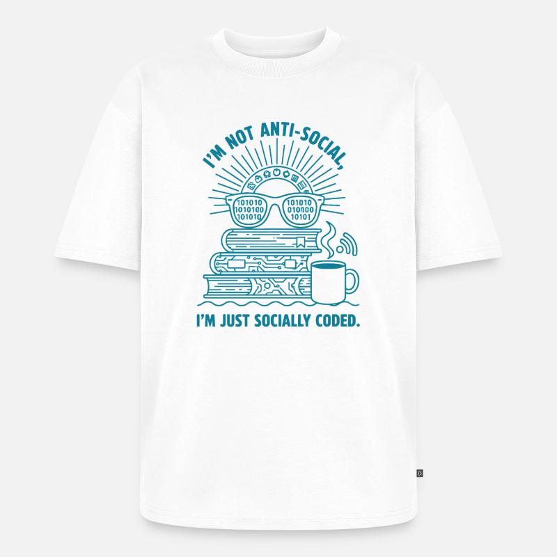 Sozial Codiert: Bücher, Kaffee & Code - Unisex Premium Oversized Bio T-Shirt - Weiß
