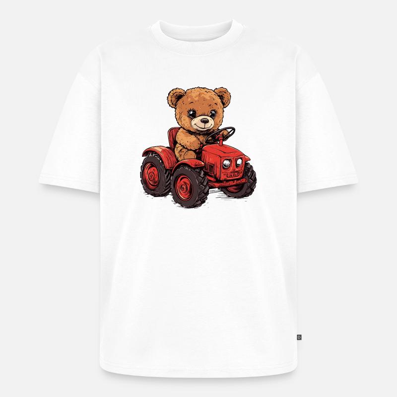 Teddybär auf rotem Traktor - Unisex Premium Oversized Bio T-Shirt - Weiß