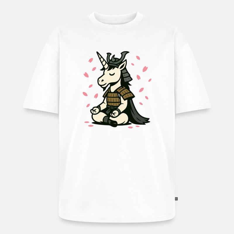 Meditierendes Samurai-Einhorn mit Kirschblüten - Unisex Premium Oversized Bio T-Shirt - Weiß
