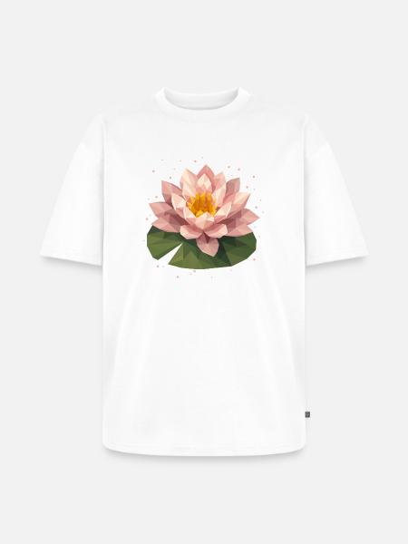 Nénuphar polygonal rose sur feuille verte - T-shirt Premium bio oversize Unisexe - blanc