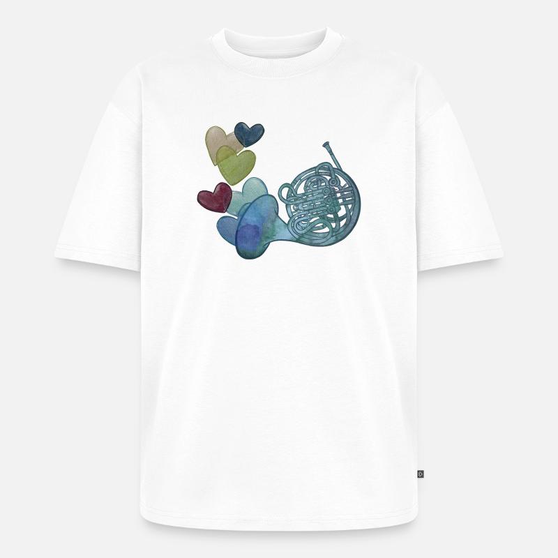 Herznote-Horn mit bunten Herzen - Unisex Premium Oversized Bio T-Shirt - Weiß