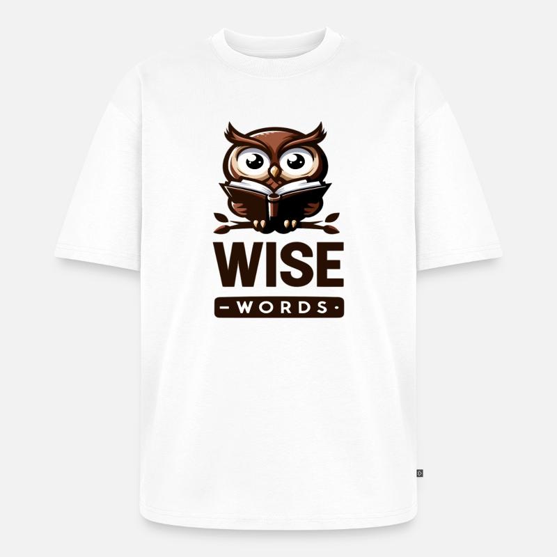 Weise Eule mit Buch – Wörter - Unisex Premium Oversized Bio T-Shirt - Weiß