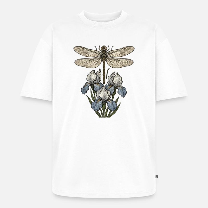 Libellule sur fleurs d’iris - T-shirt Premium bio oversize Unisexe - blanc
