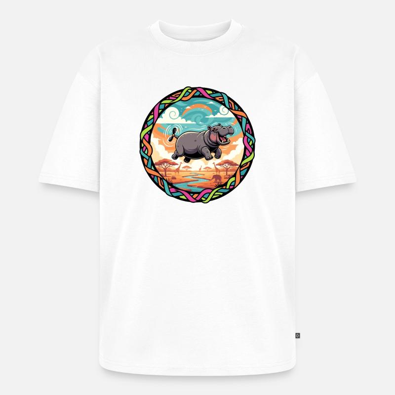 Witziger Hippo fliegendes Nilpferd bunt Savanne  - Unisex Premium Oversized Bio T-Shirt - Weiß