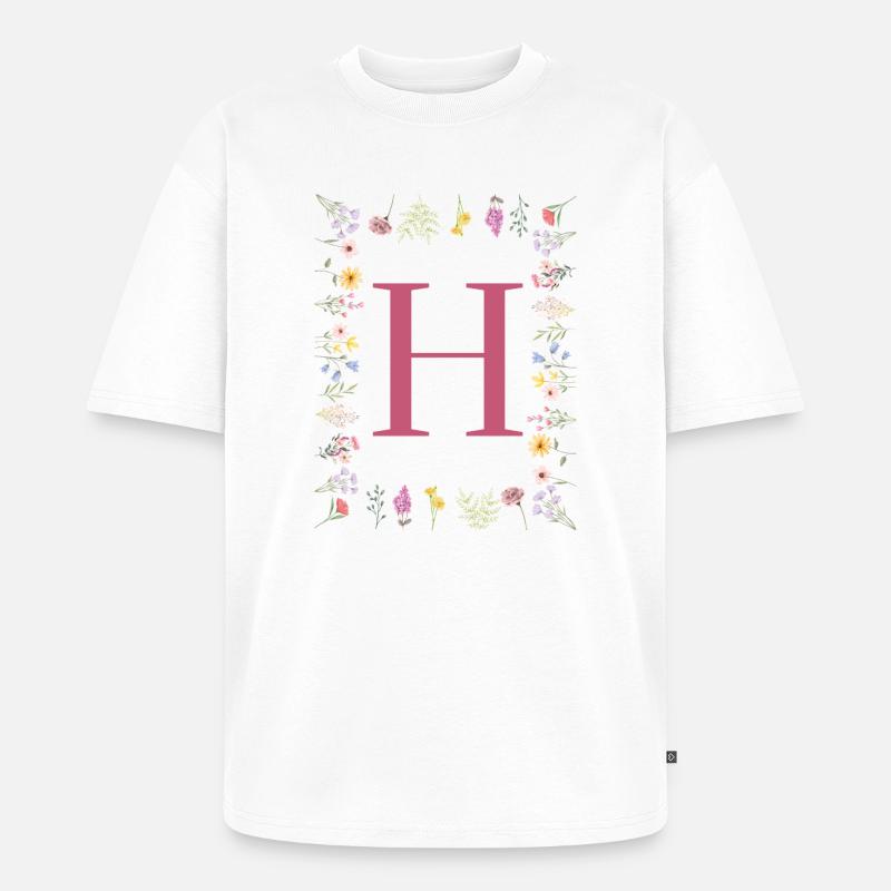 Florale Initialen "H", Buchstaben Monogramm - Unisex Premium Oversized Bio T-Shirt - Weiß