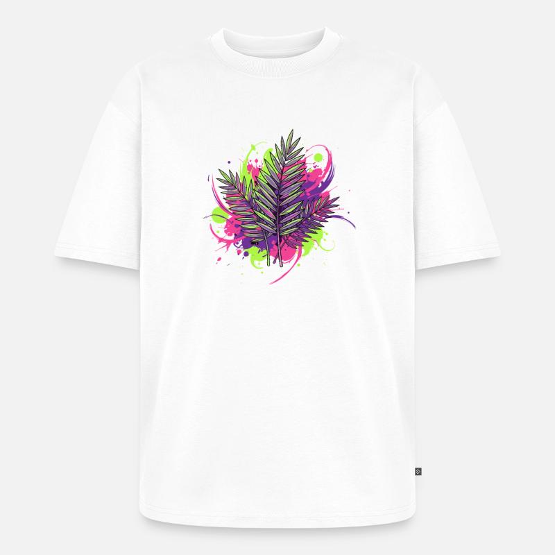 Feuille tropicale néon avec des éclaboussures de peinture - T-shirt Premium bio oversize Unisexe - blanc