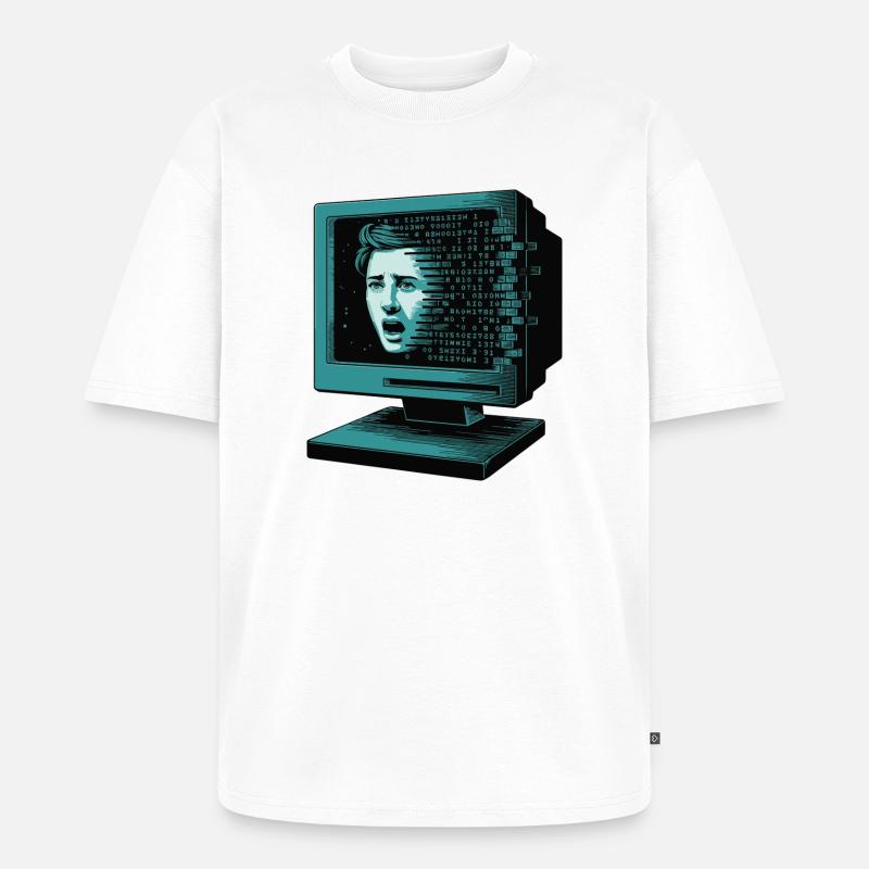 Retro-Computer Schrecken-  Retroglitch KI - Unisex Premium Oversized Bio T-Shirt - Weiß