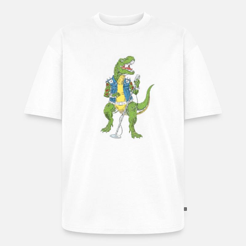 Dino Rock star mit Mikro - Unisex Premium Oversized Bio T-Shirt - Weiß