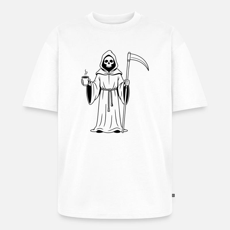 Faucheuse avec une tasse de café - T-shirt Premium bio oversize Unisexe - blanc