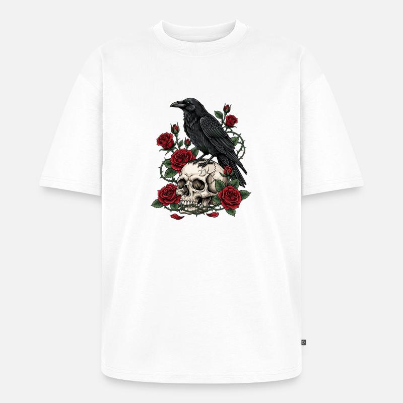 Mitternachtskrähe auf Totenkopfrosen - Unisex Premium Oversized Bio T-Shirt - Weiß