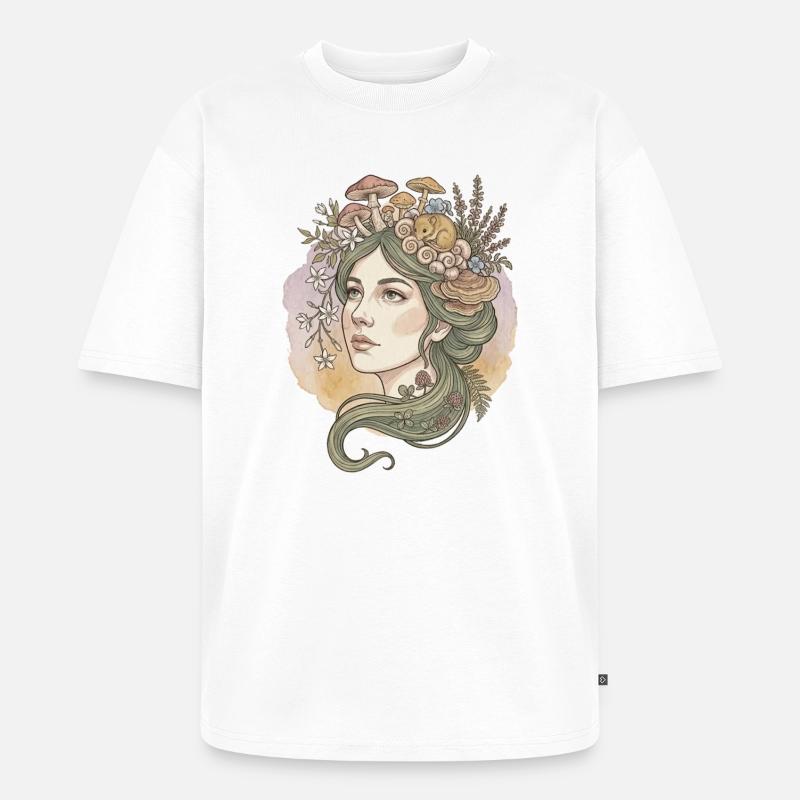 Déesse des champignons et des fleurs - T-shirt Premium bio oversize Unisexe - blanc