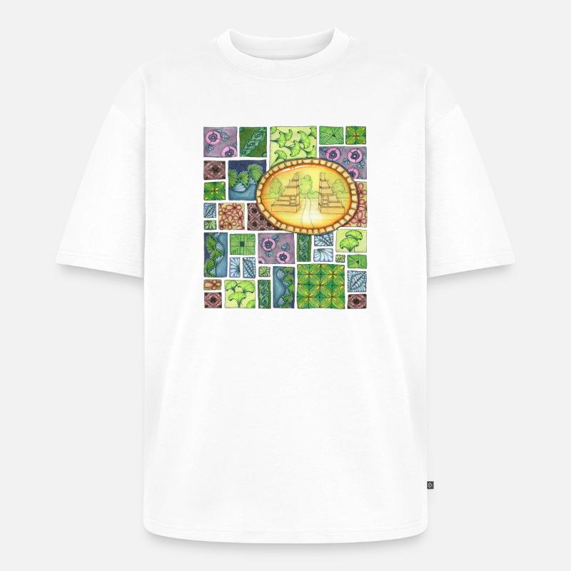 Bali temple on pattern patchwork - Unisex Premium Oversized Bio T-Shirt - Weiß