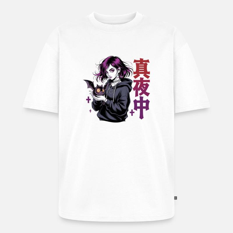 真夜中 Fille d’anime gothique Midnight Bat Gothic - T-shirt Premium bio oversize Unisexe - blanc