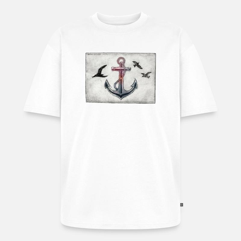 Anker mit Möwen - handgeschnitzte Druckvorlage - Unisex Premium Oversized Bio T-Shirt - Weiß
