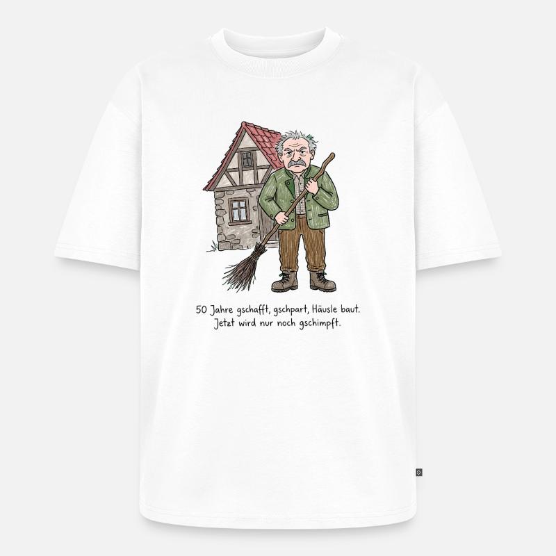 Schwaben Spruch Häuslebauer & Schimpfen - Unisex Premium Oversized Bio T-Shirt - Weiß