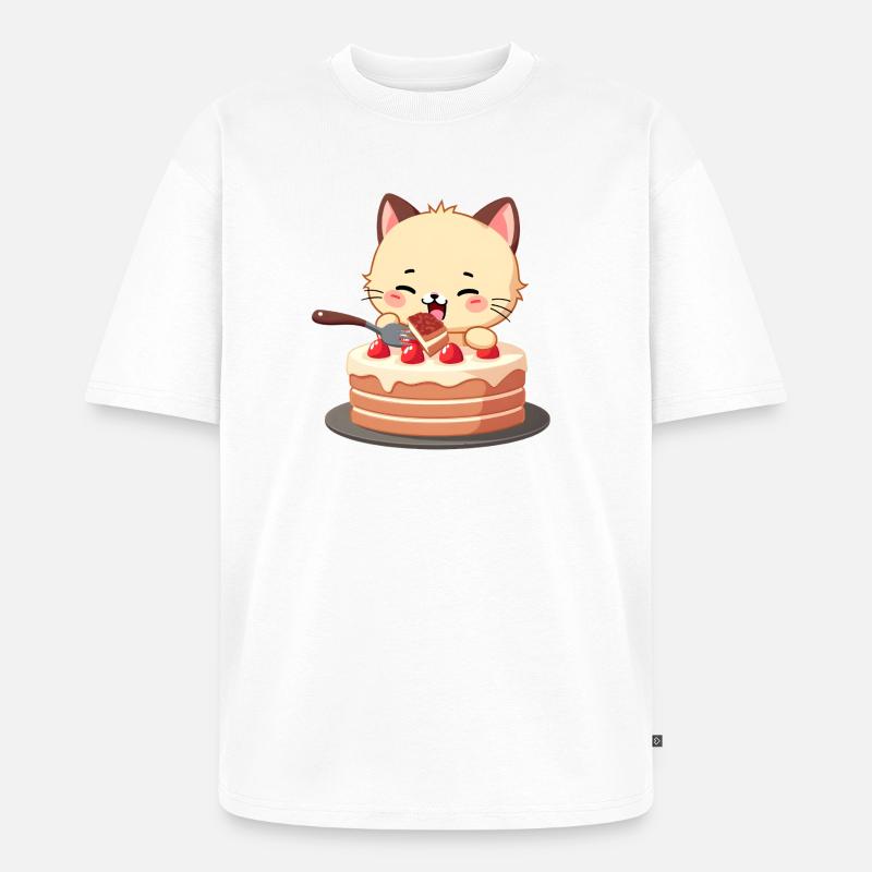 Le chat mange du gâteau - T-shirt Premium bio oversize Unisexe - blanc