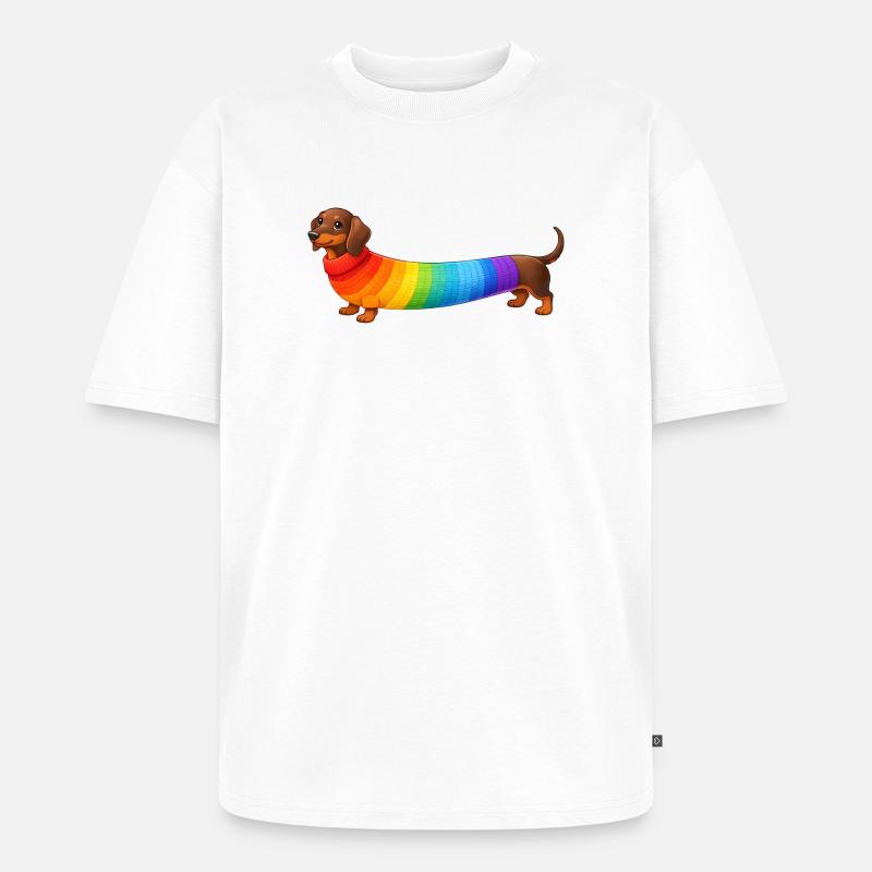 Dackel mit Regenbogen Pullover  - Unisex Premium Oversized Bio T-Shirt - Weiß