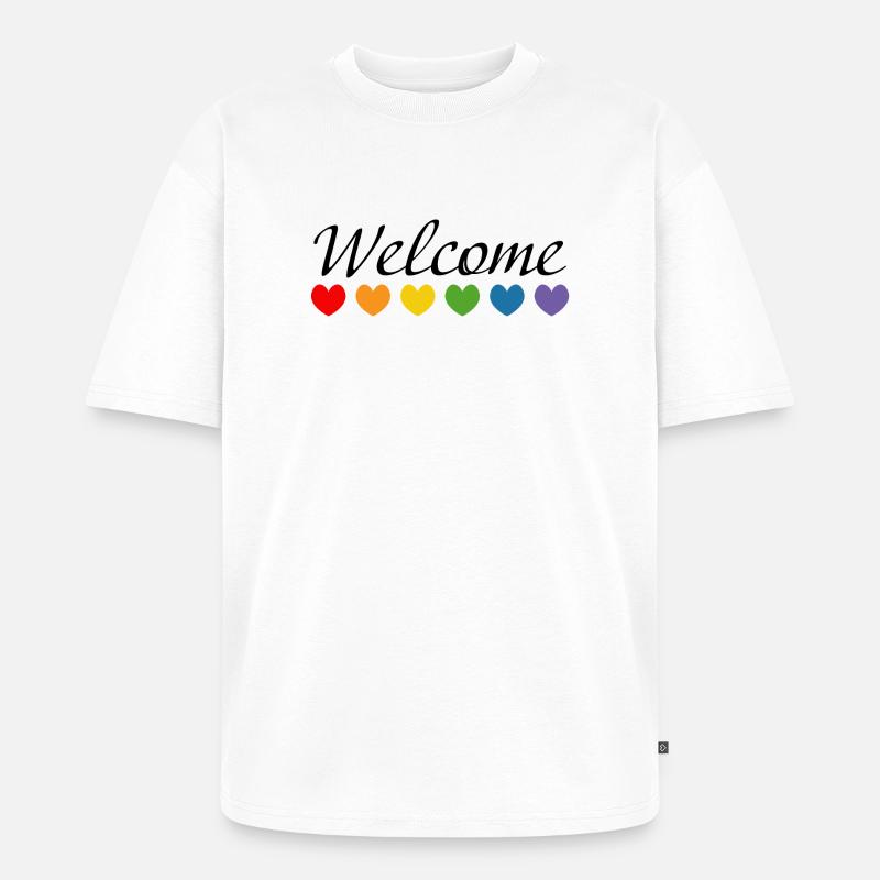 Regenbogenherzchen Welcome schwarz - Unisex Premium Oversized Bio T-Shirt - Weiß