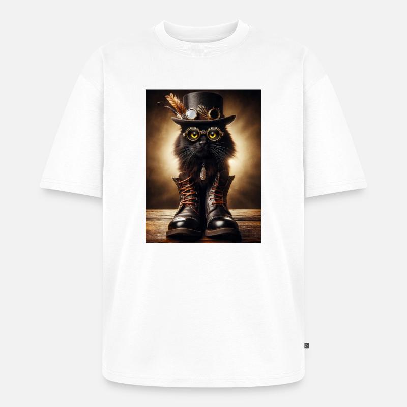 Chat noir Steampunk avec accessoires élégants - T-shirt Premium bio oversize Unisexe - blanc