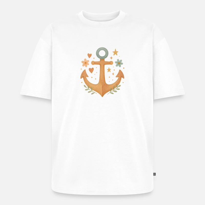 Boho Anker mit Blumen & Herzen Design - Unisex Premium Oversized Bio T-Shirt - Weiß