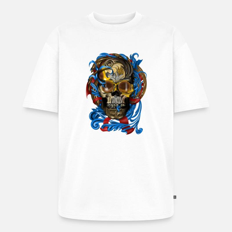 Barock Skull mit Blau Bändern - Unisex Premium Oversized Bio T-Shirt - Weiß