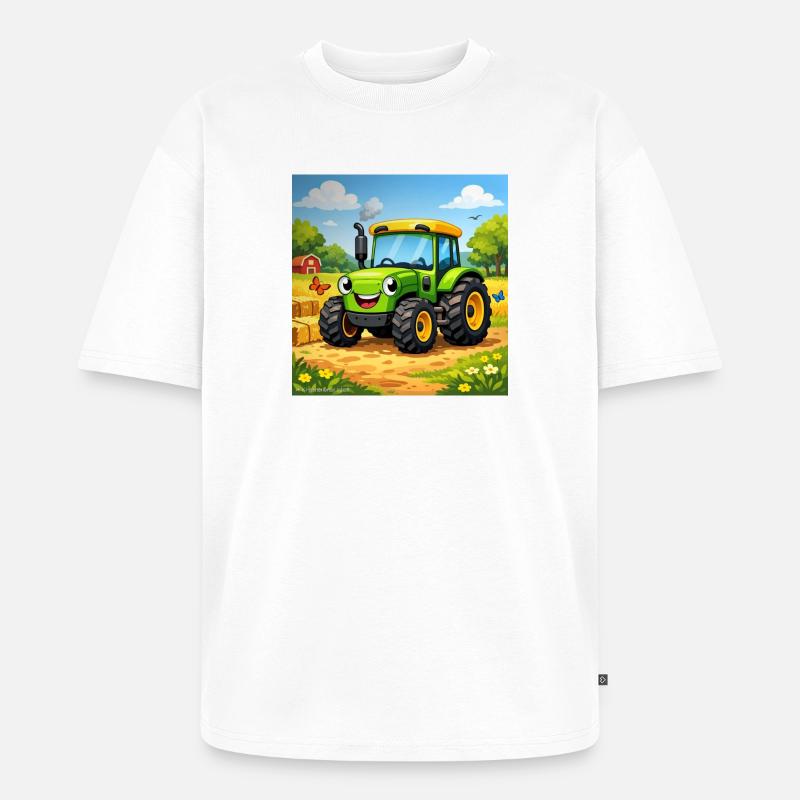 Fröhlicher Grüner Traktor auf Feld - Unisex Premium Oversized Bio T-Shirt - Weiß