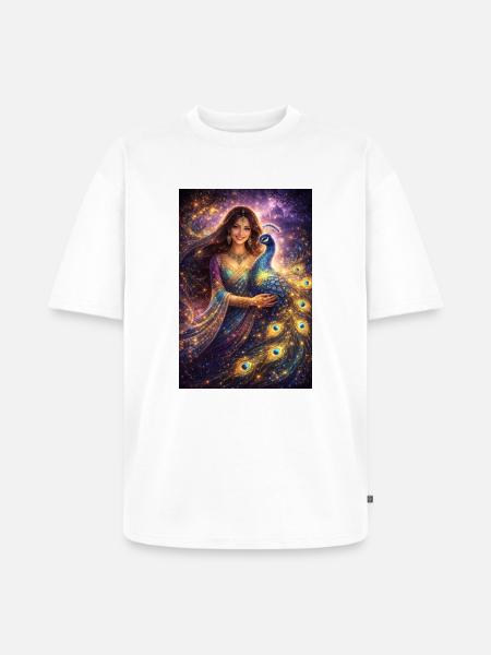 Mystical Indian Woman with Peacock - Unisex Premium Oversized Organic T-Shirt - white