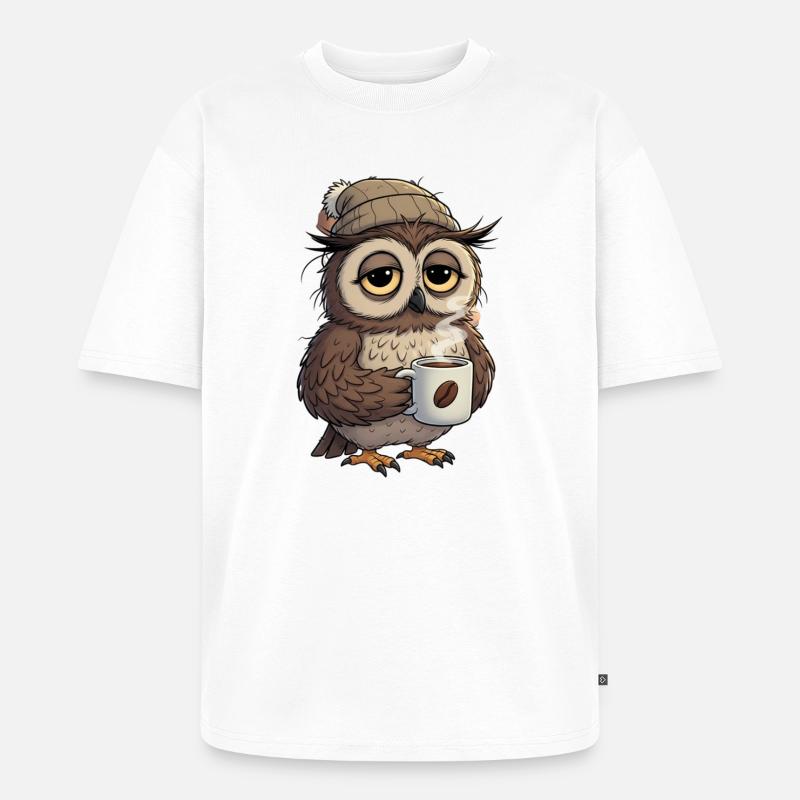Verschlafene Eule Mit Kaffeetasse Cartoon - Unisex Premium Oversized Bio T-Shirt - Weiß