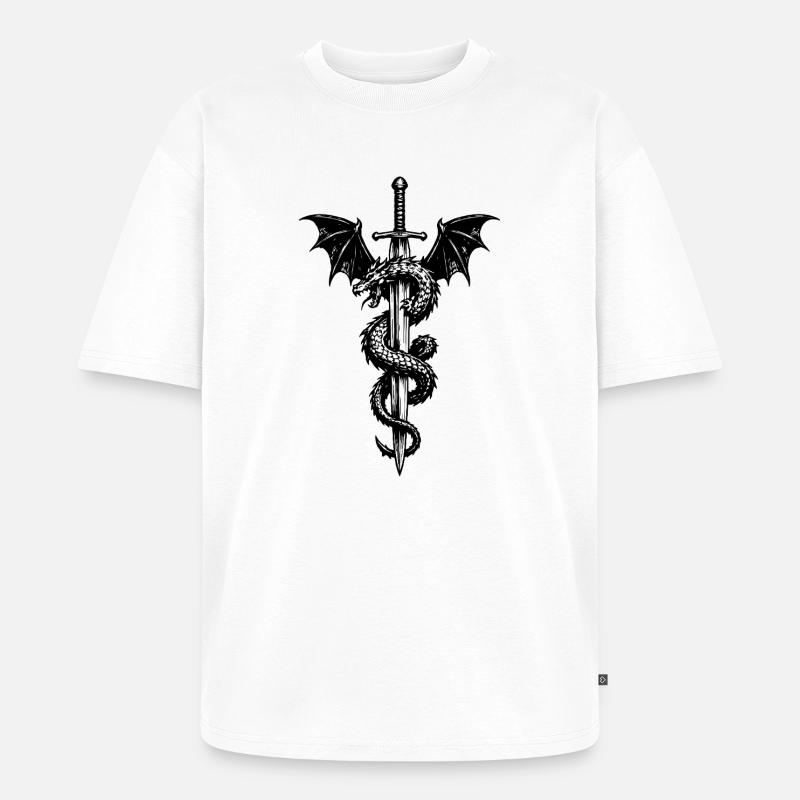 Mittelalter Wappen mit Drache & Schwert - Unisex Premium Oversized Bio T-Shirt - Weiß