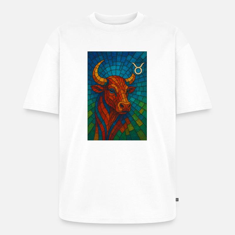 Taurus Stier – Buntes Glasmosaik Sternzeichen - Unisex Premium Oversized Bio T-Shirt - Weiß