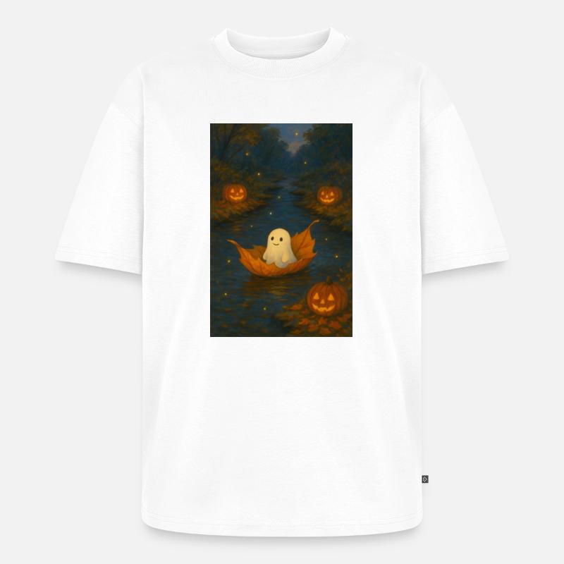 Fantôme mignon dans le feuillage d’automne - T-shirt Premium bio oversize Unisexe - blanc