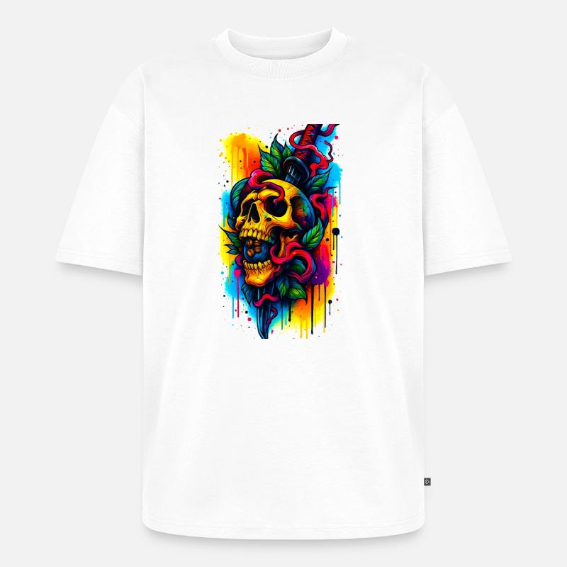 Bunter Totenschädel mit Messer und Blättern - Unisex Premium Oversized Bio T-Shirt - Weiß