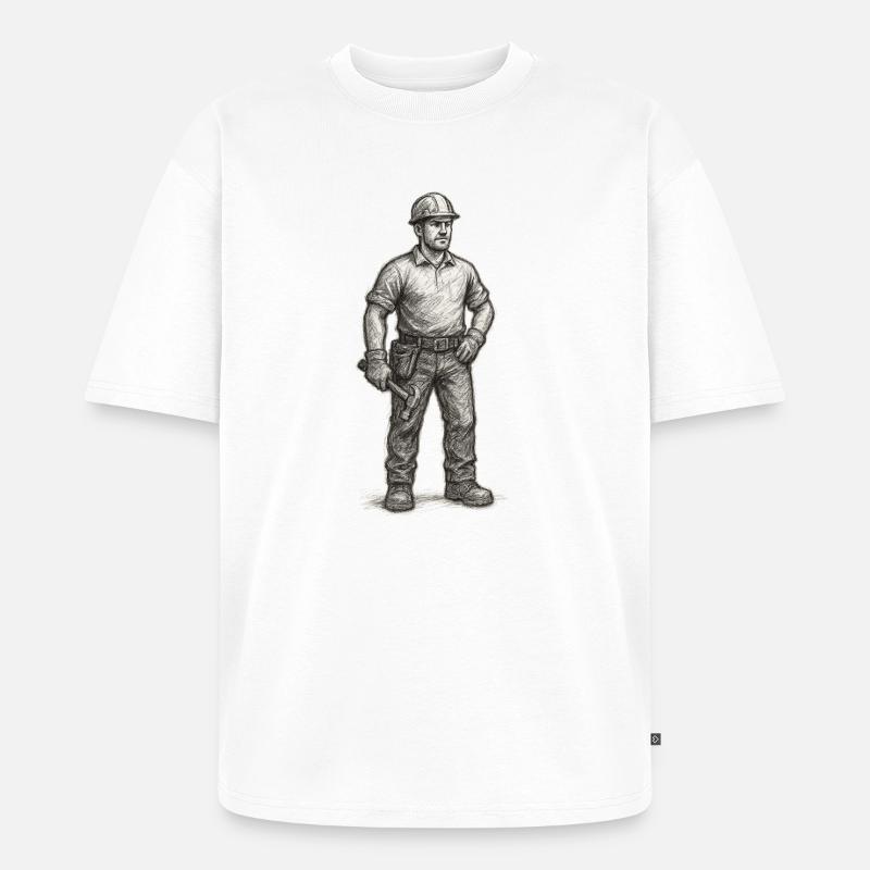 Grob skizzierter Bauarbeiter mit Hammer - Unisex Premium Oversized Bio T-Shirt - Weiß