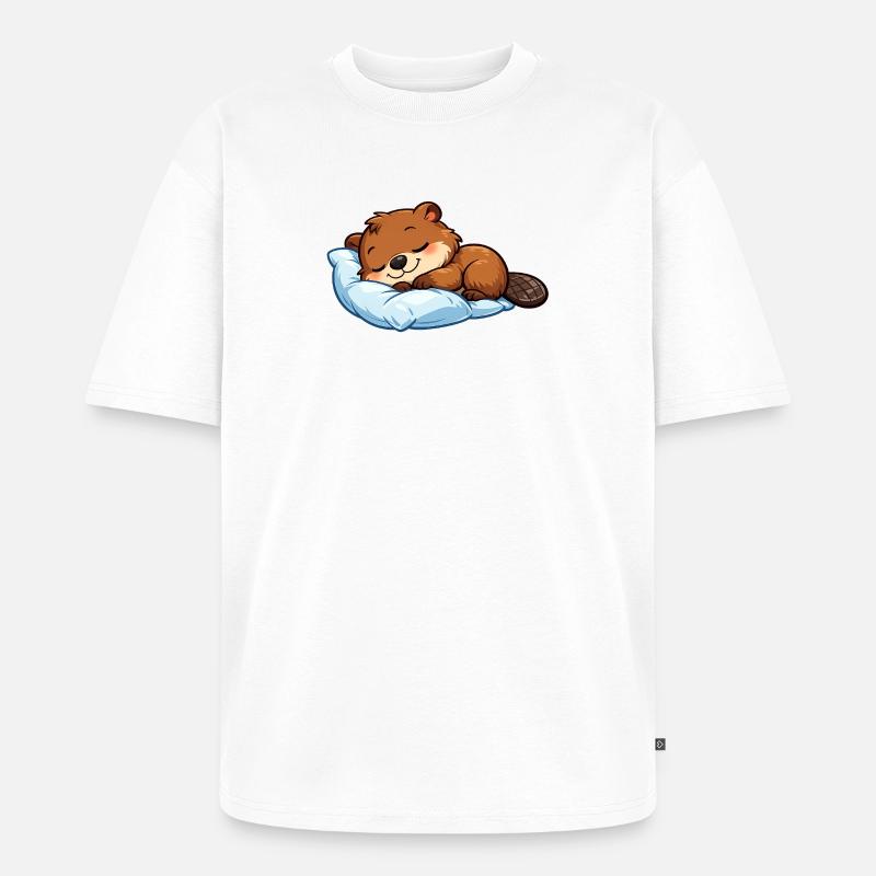 Nukkuva majava sinisellä tyynyllä - Premium unisex Oversized luomu-t-paita - valkoinen