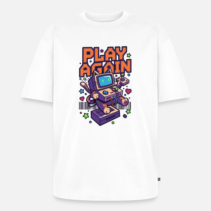 Play Again: Retro Katzen-Arcade - Unisex Premium Oversized Bio T-Shirt - Weiß