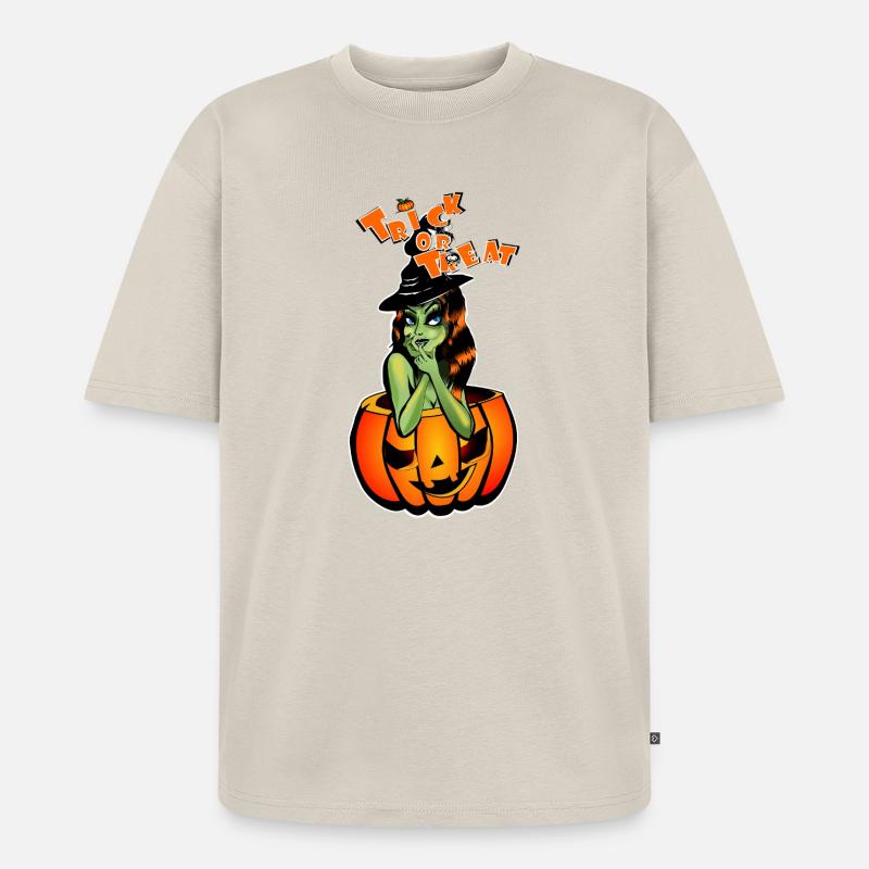 Süßes oder Saures Hexe im Kürbis - Unisex Premium Oversized Bio T-Shirt - Beige