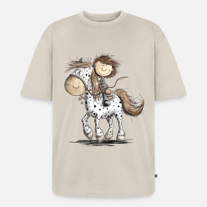 Drolliges Pferd mit Reiter Cartoon Pferdchen - Unisex Premium Oversized Bio T-Shirt - Beige