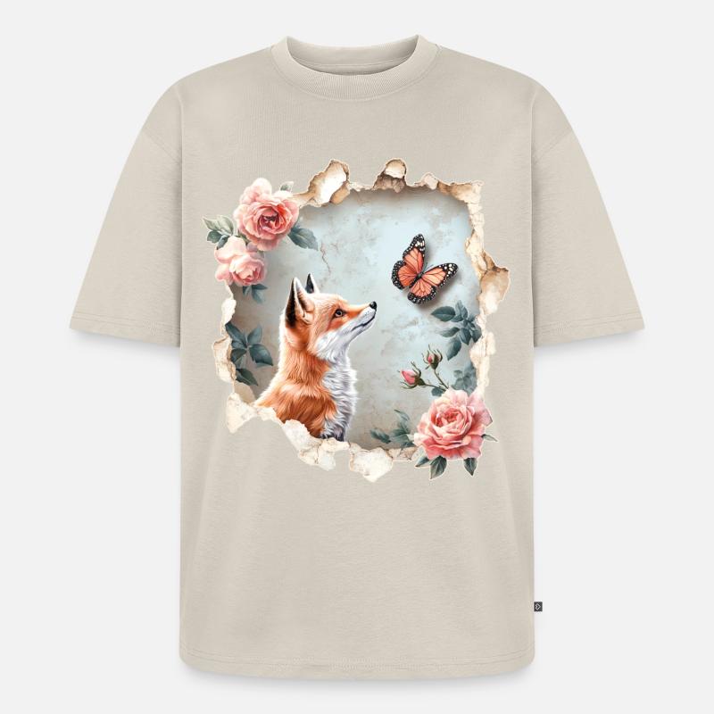 Fuchs mit Schmetterling - Unisex Premium Oversized Bio T-Shirt - Beige