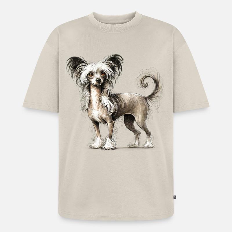 Chinese Crested  Illustration  - Unisex Premium Oversized Bio T-Shirt - Beige