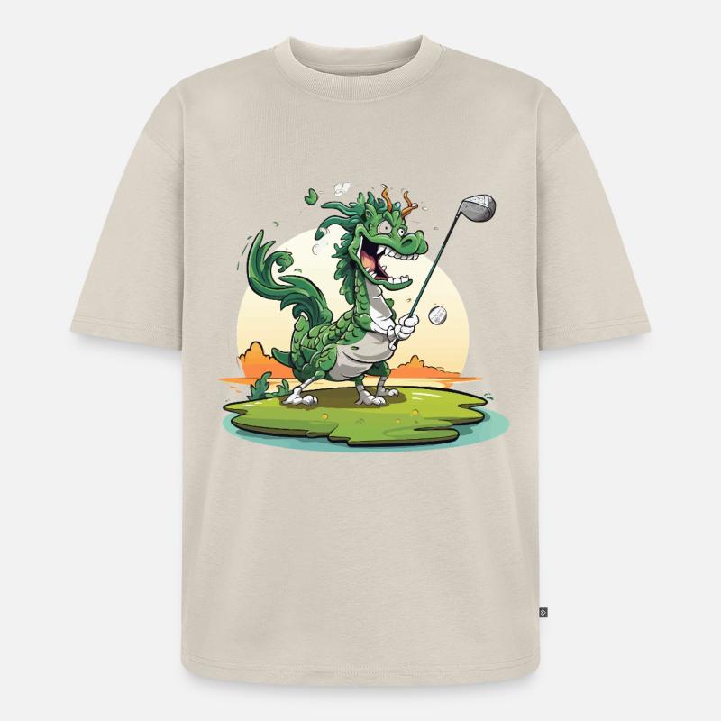 Golfender Drache am Tee - Unisex Premium Oversized Bio T-Shirt - Beige