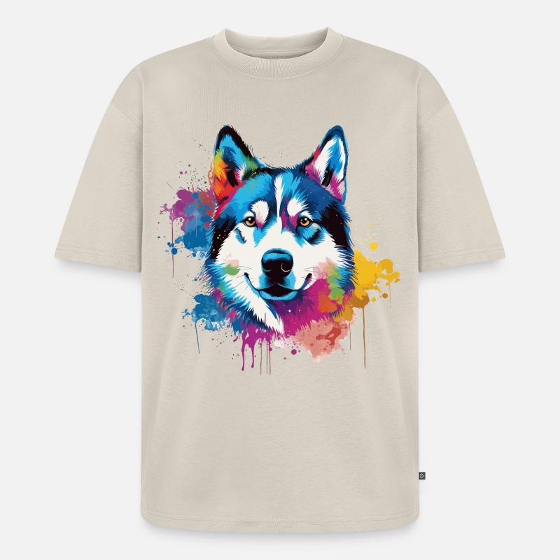 Bunter Husky Splash Art Hund - Unisex Premium Oversized Bio T-Shirt - Beige